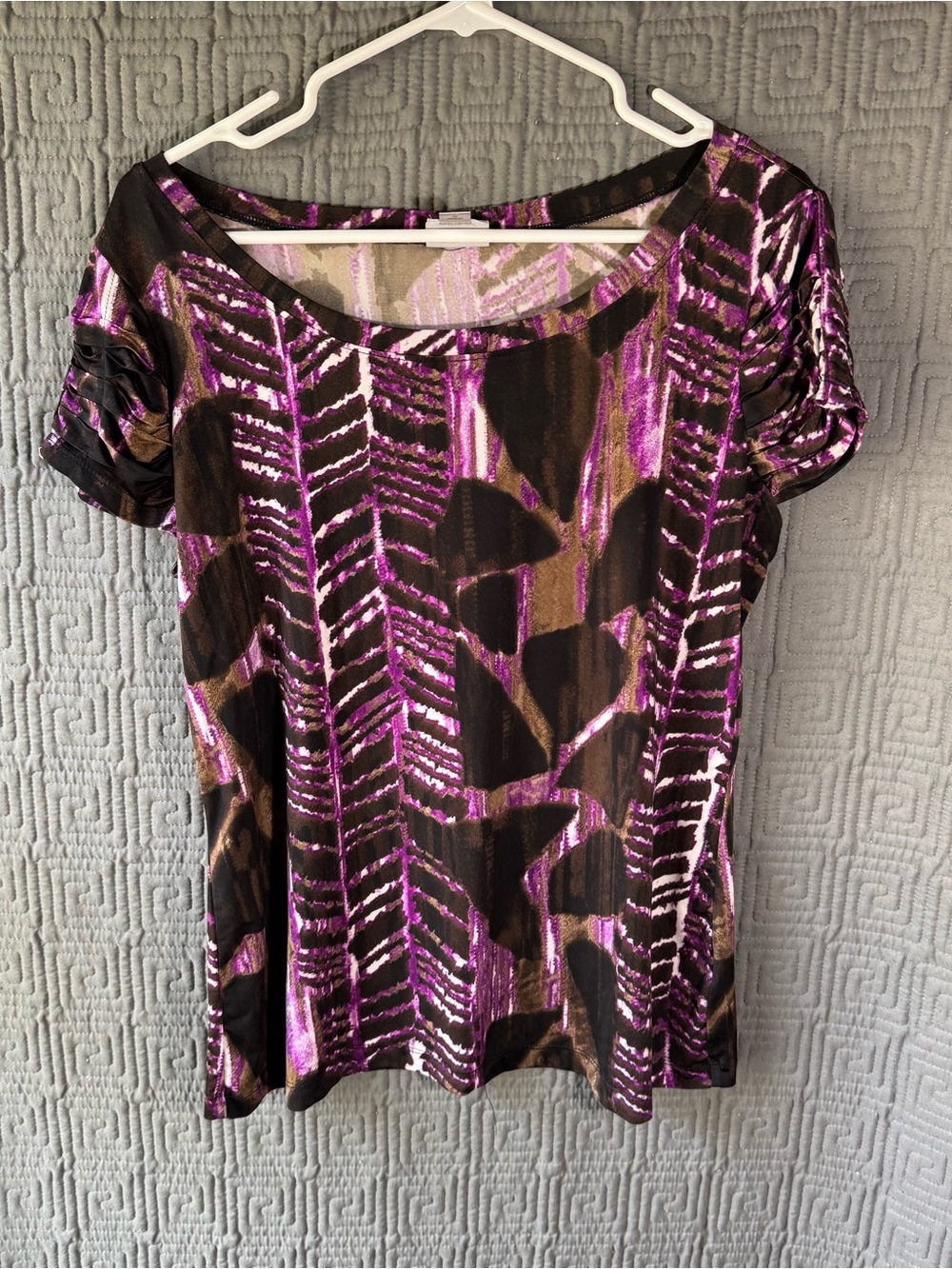 Worthington Stretch Womens Large Blouse Purple Black Abstract Ruched